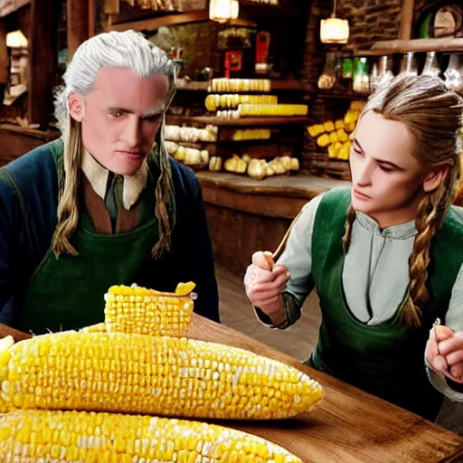 Prompt: JD and Legolas at Cracker Barrel dipping their giant cobs of corn into cucumber soup, photorealistic, somber, moody,