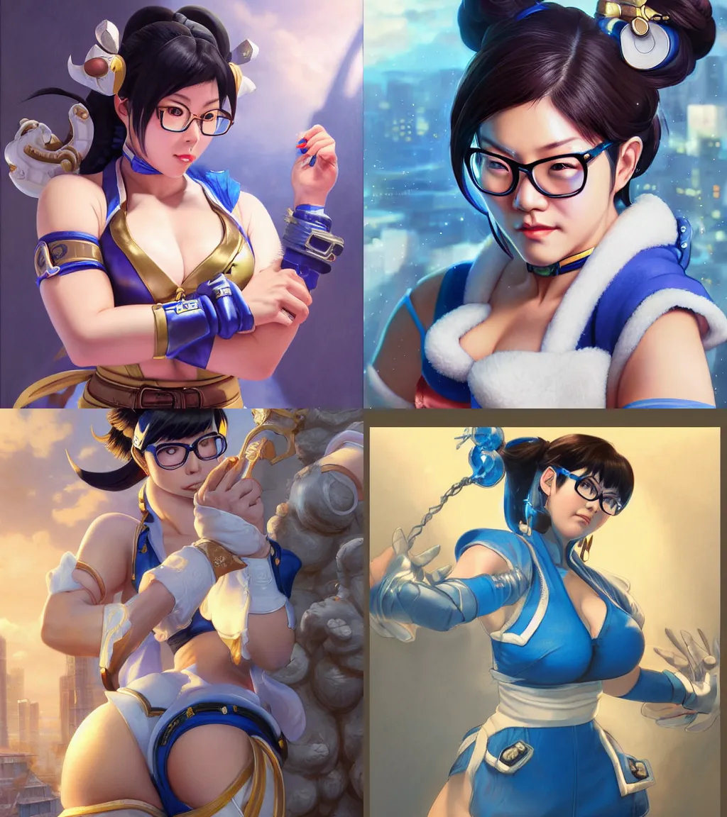 Prompt: mei from overwatch dressed as chun li from street fighter, glasses, hyperdetailed, intricate, soft lighting, raytracing, sharp focus, cgsociety, thomas kinkade, donato giancola