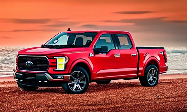 Prompt: Ford F150 Nebula 2022 Truck on a Red Sand Beach, sunset