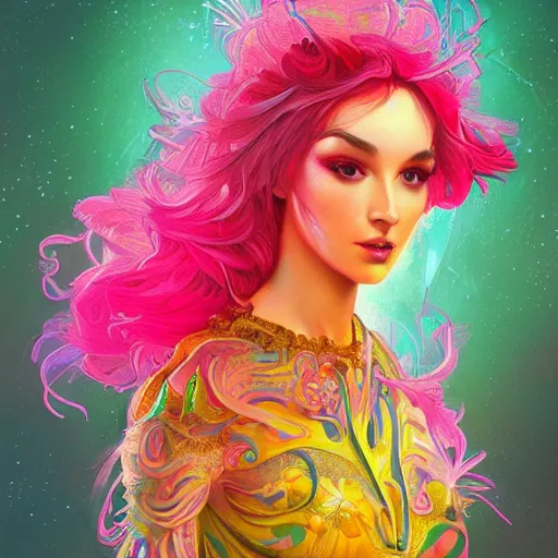 Image similar to a photograpic portrait of a anthropomorphic mimosa wearing colorful neon clothes, fantasy, intricate, elegant, highly detailed, digital painting, artstation, concept art, smooth, sharp focus, illustration, art by artgerm and H R Giger and alphonse mucha