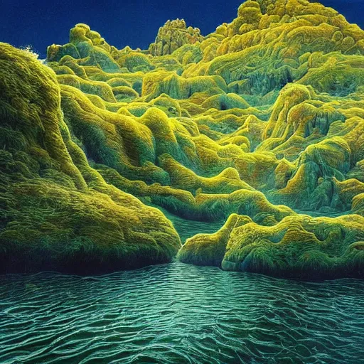 Image similar to painting of a lush natural scene on an alien planet by glenn brown. beautiful landscape. weird vegetation. cliffs and water.