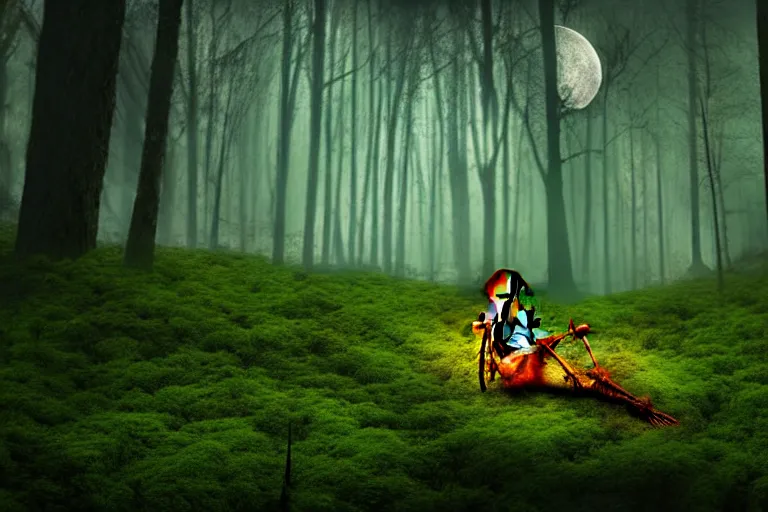 Image similar to a burning with fire human skeleton sitting behind computer, overgrown with moss, in foggy forest, at night with moon light, dark atmosphere, fantasy, digital art