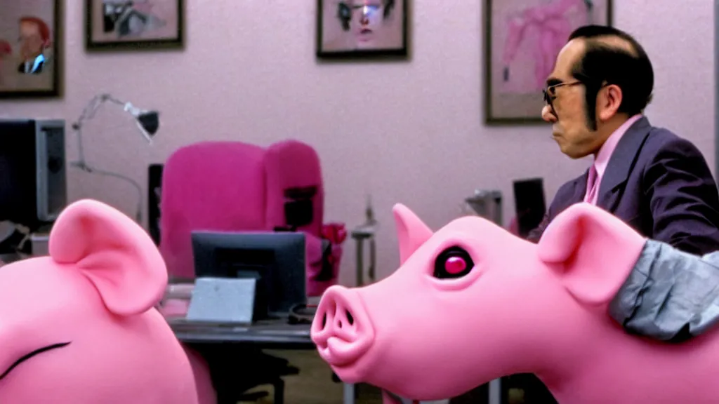 Image similar to a man wearing a pink suit and a pink pig mask sitting in an office, film still from the an anime directed by Katsuhiro Otomo with art direction by Salvador Dalí, wide lens