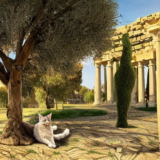 Image similar to cute fluffy caracal in ancient greek town, marble columns, olive trees, sunny, a beautiful landscape by gediminas pranckevicius