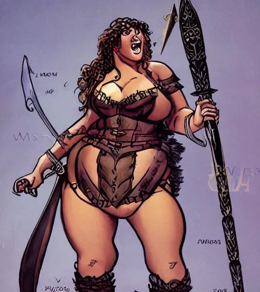 Image similar to 1 9 8 0 s fantasy novel book cover, bbw plus size amazonian emma watson in extremely tight bikini armor wielding a cartoonishly large sword, exaggerated body features, dark and smoky background, low quality print