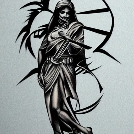 Image similar to knife saint, tattoo design, stencil by artgerm,