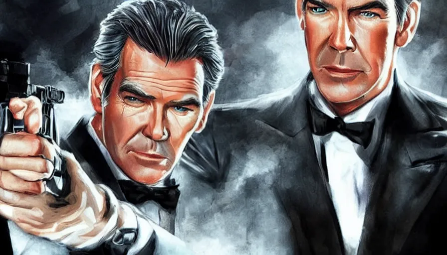 Image similar to concept art of the next james bond film featuring an older pierce brosnan, extremely detailed