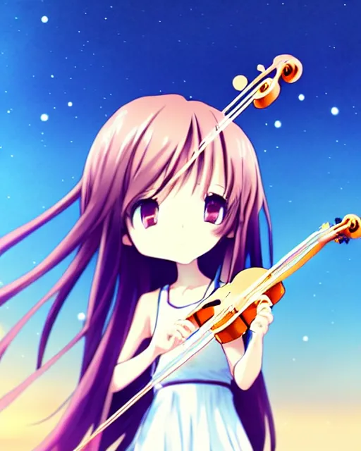 Image similar to anime style, chibi, full body, a cute girl with white skin and golden long wavy hair holding a violin and playing a song, heavenly, stunning, filters applied, lunar time, trending art, sharp focus, centered, landscape shot, happy, fleeting dream, simple background, studio ghibly makoto shinkai yuji yamaguchi, by wlop