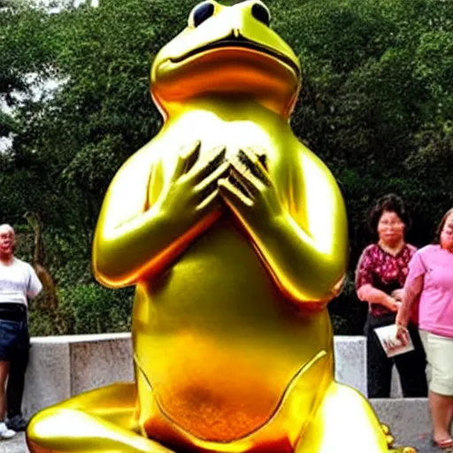 Image similar to people worship a huge golden frog statue