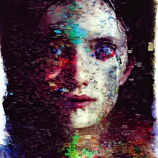 Prompt: portrait of a young woman of wires and bandages, glitched, photography, marta syrko, julia margaret cameron, painterly, dripping and splashing coloured paint. scumbling, de kooning, craig mullins
