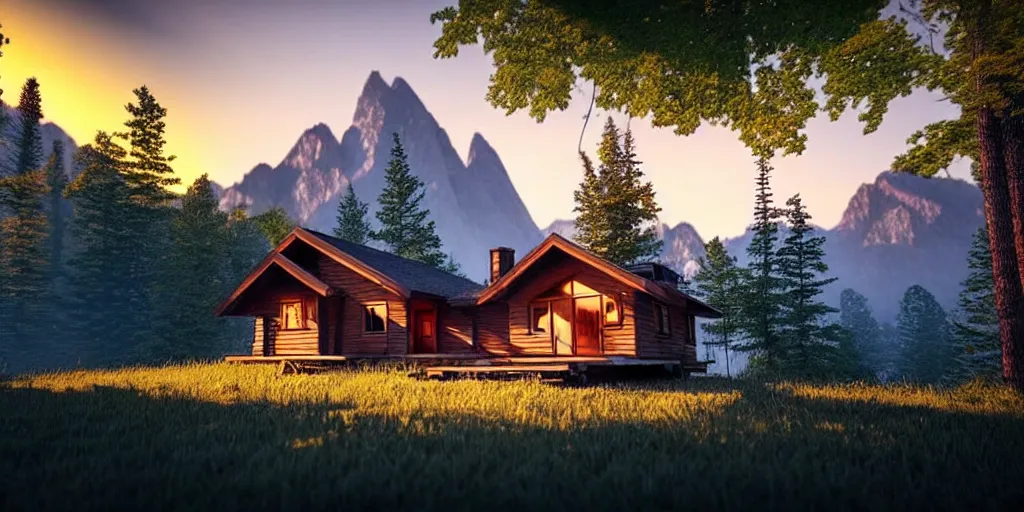 Prompt: a cozy little house in the woods, mountains in the background relaxing, 3 d concept art by phillip urlich, chill, relaxing, peaceful, sunset, extremely detailed art, unreal engine 5, hyper realism