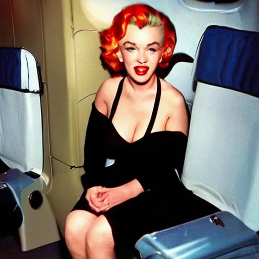 Prompt: a 35mm film camera photography of marilyn monroe as a flight attendent in 1998