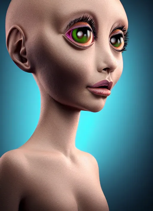 Image similar to nervous alien girl with two big cute eyes, the head is tightly wrapped in plastic wrap with a market label on it. high detail, realistic, symmetrical face, photoreal