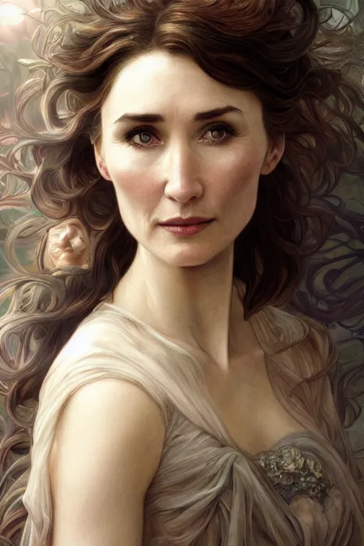 Image similar to carice van houten, anatomy, cute, fantasy, bright, intricate, elegant, highly detailed, digital painting, 4 k, hdr, concept art, smooth, sharp focus, illustration, art by artgerm and h r giger and alphonse mucha