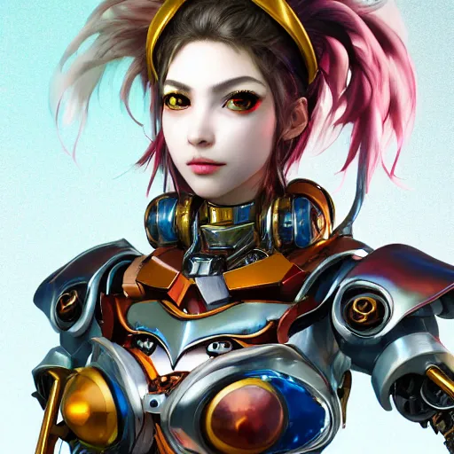 Image similar to studio portrait of lawful good colorful female holy mecha paladin absurdly beautiful, elegant, young sensual graceful woman, ultrafine hyperrealistic detailed face illustration by kim jung gi, irakli nadar, intricate linework, sharp focus, bright colors, matte, octopath traveler, final fantasy, unreal engine highly rendered, global illumination, radiant light, intricate environment