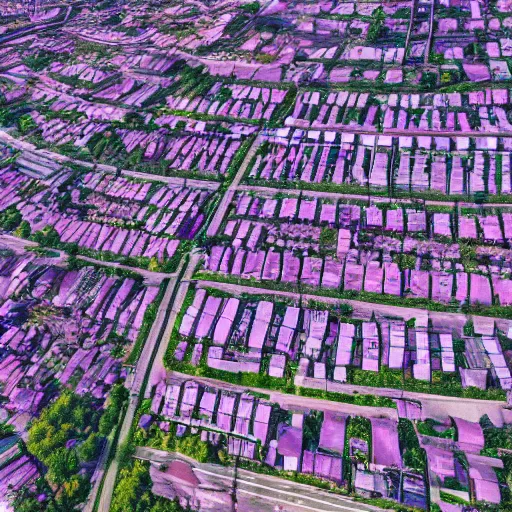 Prompt: a photograph of garbage city taken by a drone, mainly purple colors