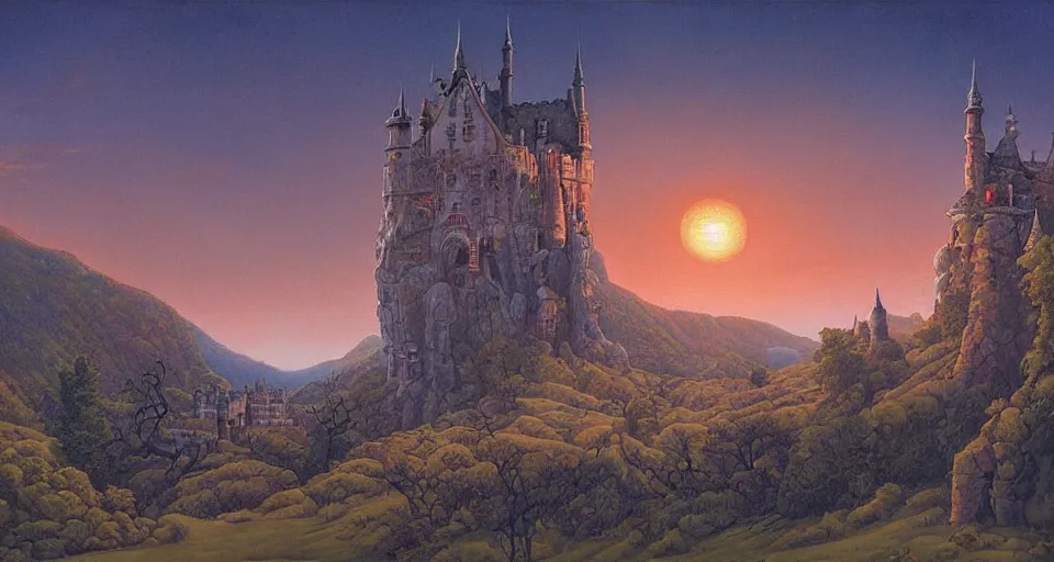 Image similar to haunted castle in a hill next to a giant valley, sunrise by gerald brom