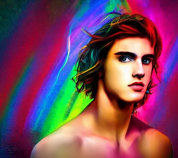 Image similar to extremely beautiful young man with hyperealistic glossy rainbow eyes, digital art, vivid background seductive look.