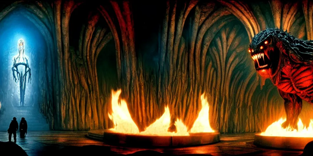 Image similar to huge balrog in the great hall of moria, columns along both sides of the great hall, balrog is breathing fire, style of h. r. giger, cinematic, movie still, cgi, directed by ridley scott