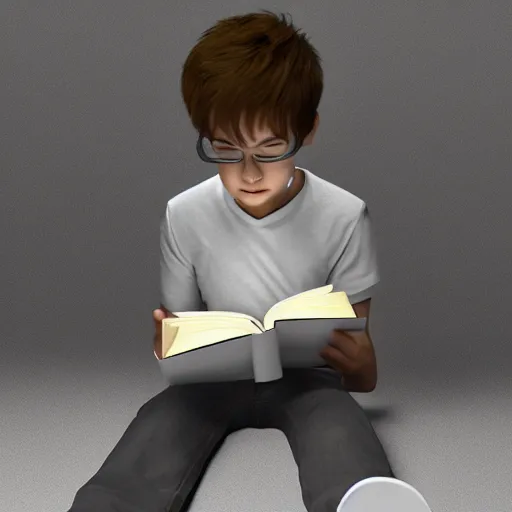 Prompt: a boy reading a book, 3 d rendering, art by nicolch, cinematic lighting