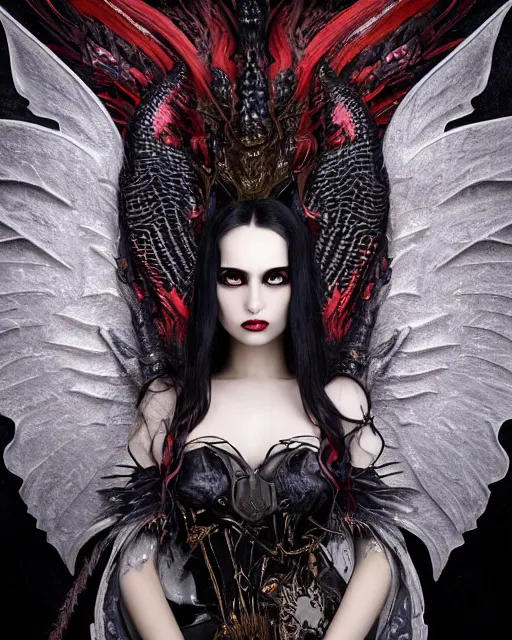 Prompt: very complex hyper-maximalist overdetailed cinematic darkfantasy closeup portrait of a malignant beautiful young dragon queen with long black hair and wings, Magic the gathering, pale skin and dark eyes, grinning confident seductive, gothic, vibrant high contrast, by andrei riabovitchev, tomasz alen kopera, oleksandra shchaslyva, peter mohrbacher, Omnious intricate, octane, moebius, Deviant-art, hyper detailed illustration, 8k
