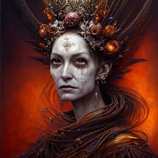 Prompt: a beautiful detailed 3d portrait of female empress of the dead, by ellen jewett, by tomasz alen kopera, by Justin Gerard, ominous, royally decorated, skull, skeleton, whirling smoke, embers, magical realism, texture, intricate, ornate, red adornements, red torn fabric, radiant colors, fantasy, volumetric lighting, high details