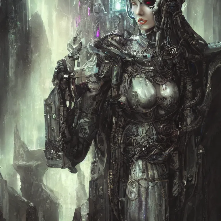 Prompt: cybernetic priestess, cyberpunk, gothic, fantasy, science fiction, character concept art, matte painting, hyperdetailed, realistic, creepy, atmospheric, cinematic, kinemacolor