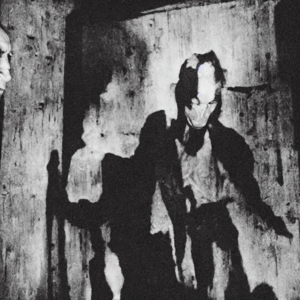 Image similar to film still of a horrid vampiric tall man hiding in a barnyard, horror movie, eerie, creepy, grainy, polaroid, found footage, great cinematography