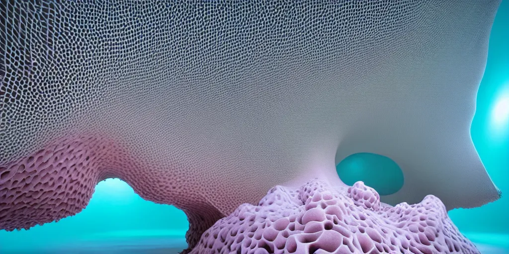 Image similar to biomorphic honeycomb structures by ernesto neto, light - mint with light - pink color, 4 k, insanely quality, highly detailed, film still from the movie directed by denis villeneuve with art direction by zdzisław beksinski, telephoto lens, shallow depth of field