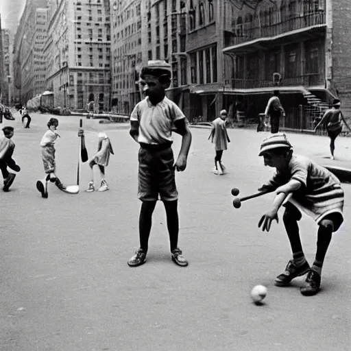 Image similar to kids playing stick ball on new york city street in 1 9 3 0 s, photorealistic, photograph, diane arbus,