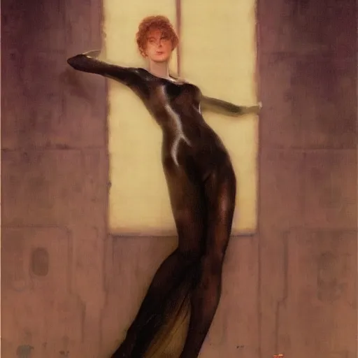 Prompt: masterpiece full body portrait of a beautiful woman with a perfect body wearing silk slip in a dungeon setting, by Edgar Maxence and Ross Tran and Michael Whelan and Gustav Klimpt