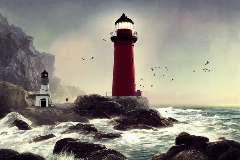 Prompt: a painting of a massive lighthouse built on seashore rocky cliff with waves crashing into the rocks and sea birds flying, in the style of ray caesar, digital art