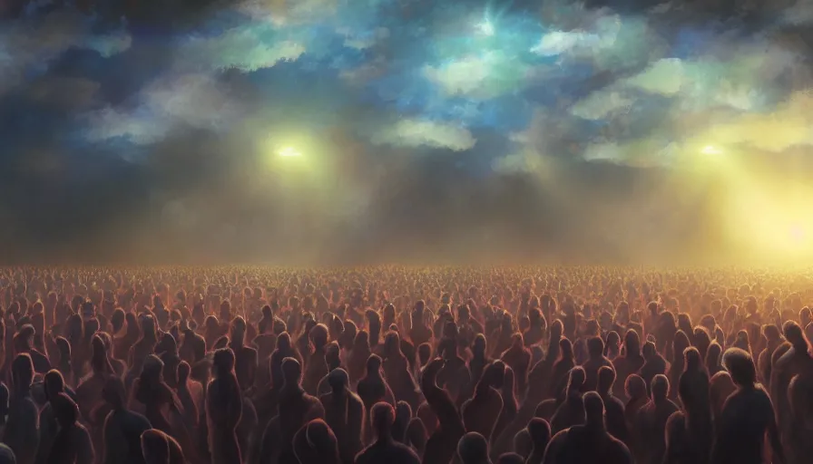 Prompt: painting of a crowd with extended arms towards glowing sky, volumetric lighting, nasty, hyperdetailed, realistic