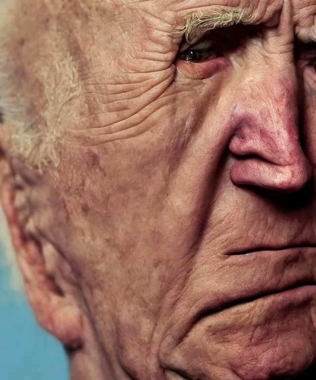Prompt: hyperrealistic close up studio portrait of aging old Joe Biden age 103 wrinkled sad, oil painting by Ivan Albright and Lucian Freud and Ron Mueck, trending on artstation Studio lighting hyperrealism