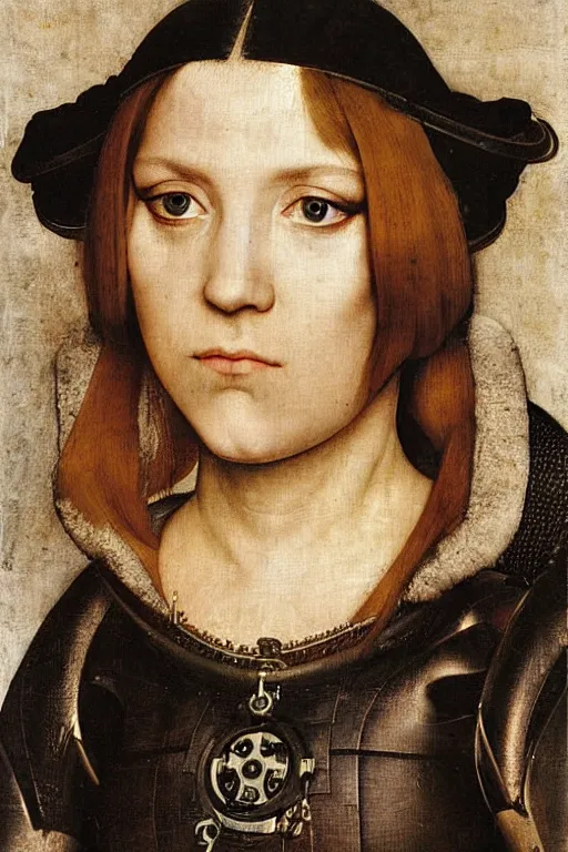 Image similar to a close - up portrait of a cyberpunk cyborg girl, by hans holbein the younger, rule of thirds