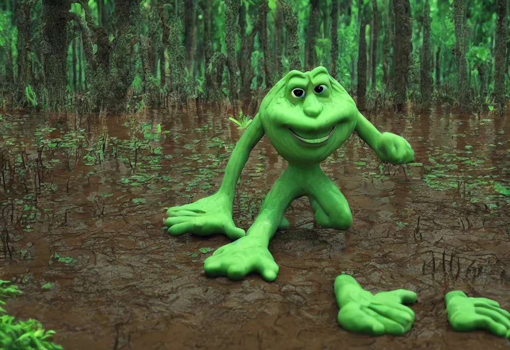 Image similar to big green man living in a swamp. his house is little and made of wood. he takes a bath in the mud. high quality 3 d render, dreamworks animated film style. 5 0 mm lens