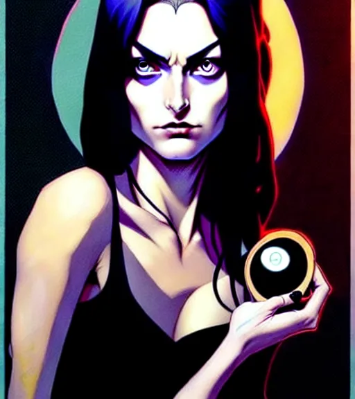 Image similar to artgerm, joshua middleton comic cover art, pretty friendly phoebe tonkin eye of horus painted under one of her eyes, as death sandman comic death appears as a young, attractive, slim, she has very pale skin, dark eyes, long black hair, she prefers to dress casually and she wears black clothing