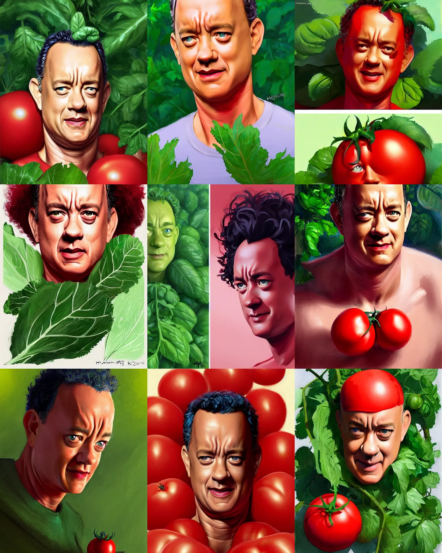 Prompt: tom hanks as a tomato, his skin is red with leafy green hair, animation, dramatic lighting, tom hanks tomato body, shaded lighting poster by magali villeneuve, artgerm, jeremy lipkin and michael garmash, rob rey and kentaro miura style, trending on art station