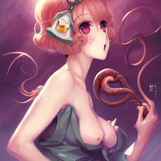 Image similar to cthulhu humanisation as a cute anime girl : : pinup postcard : : by rossdraws, wlop, boris vallejo, gil elvgren, enoch bolles, sleek curves, pixiv award winning, epic light, accurate detailed face, symmetry balance