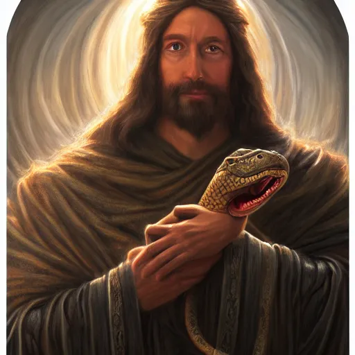 Prompt: a detailed fantasy character painting of Klaus Schwab holding a snake, dressed like Jesus Christ, black glowing eyes, by lauri blank, artgerm, evelyn de morgan, 8K, 50mm lens