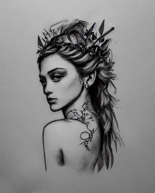 Image similar to realism tattoo sketch of a beautiful greek goddess aphrodite wearing a laurel wreath and arrowhead earrings, beautiful confident eyes, beautiful flowing hair, hyper realistic face, in the style of artgerm, fantasy, amazing detail, epic, elegant, smooth, sharp focus, from the front, long shot