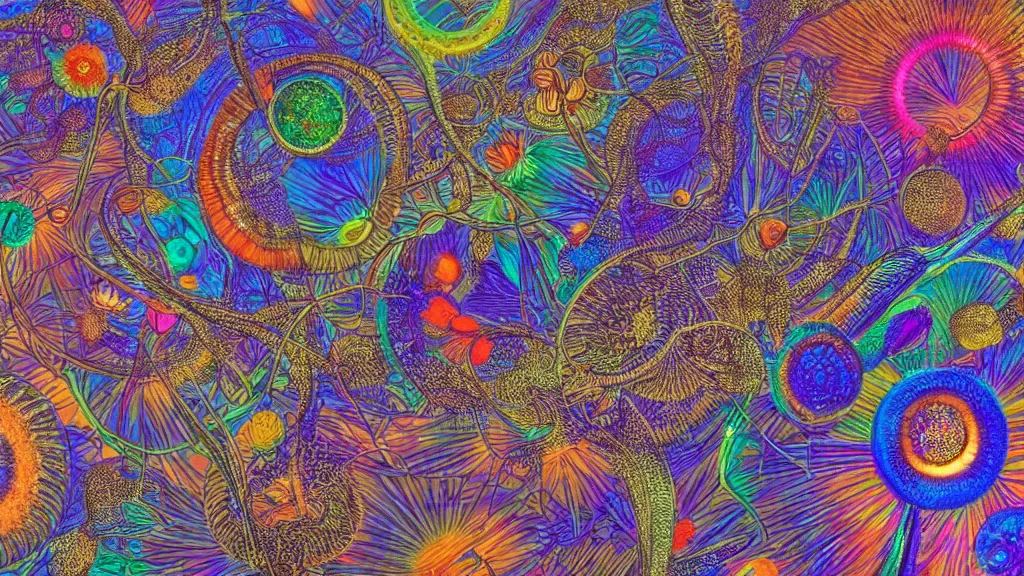 Image similar to quantum connections represented as symbiotic organisms like cells playing around with colorful lights by ernst haeckel, sharp