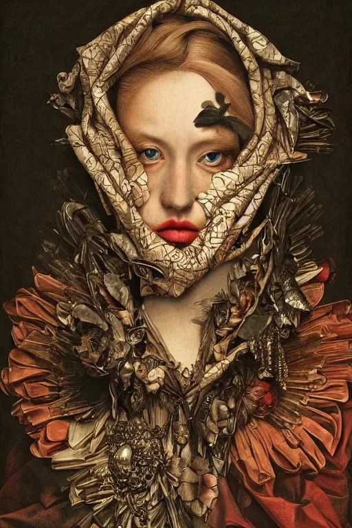 Image similar to Detailed maximalist portrait with large lips and with large eyes, sad expression, HD mixed media, 3D collage, highly detailed and intricate illustration in the style of Caravaggio, dark art, baroque