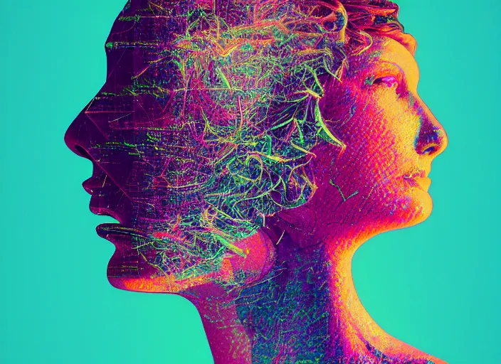 Prompt: portrait of a fashion model exuberant surreal glitch style, colorful, dynamic pose, beautiful realistic face, octane render, vray, detailed, wide angle, halftoned, editorial photography, matte print, grainy light, ( ( dither ) ), risograph, high contrast, screen print, rich grainy texture