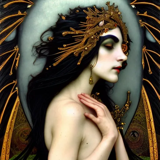 Prompt: goddess of crows, unusual beauty, emotionally evoking symbolic metaphors, head in focus, fantasy, ornamental, intricate, elegant, sensual, highly detailed digital painting, artstation, concept art, painterly, golden ratio, sharp focus, illustration, art by John Collier and Krenz Cushart and Artem Demura and Rafael and Alphonse Mucha and Albert Aublet