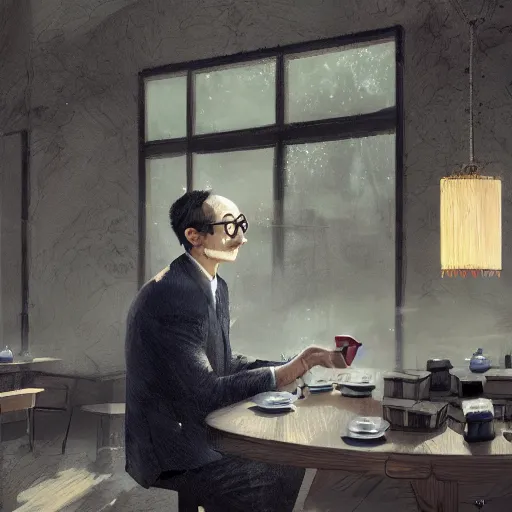 Prompt: a weasel wearing glasses in suits, surrounded by tea houses ambient lighting, 4 k, fenghua zhong, yangjun chen, wenjun lin, jung gi kim, artstation