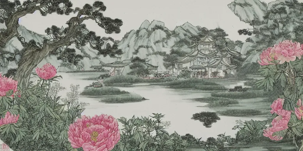 Prompt: summer manor with peony flowers and lake, chinese ink painting
