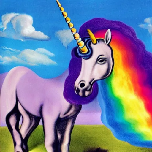 Image similar to A unicorn with rainbow color by Salvador Dali