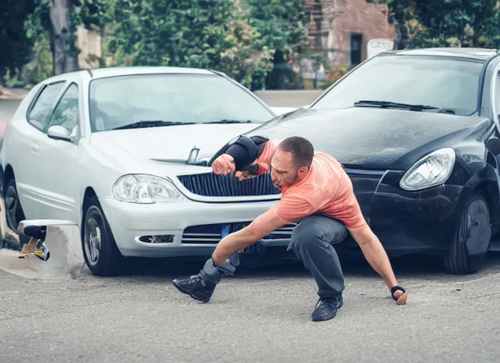 Prompt: man punching a car