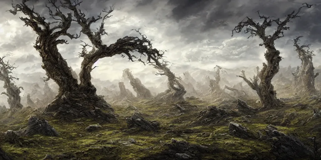 Prompt: rocky landscape of leaned keeled over toppled windswept windswept windswept trees, no visible soil, high quality fantasy art, 4k